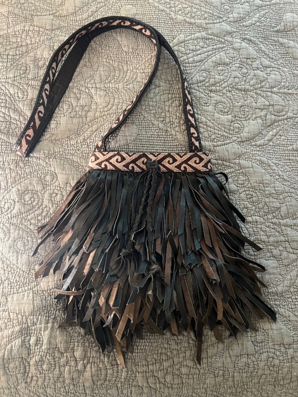 Lucky Brand Fringe Leather Embroidered Handle Boho Brown Fun Bag with Flair